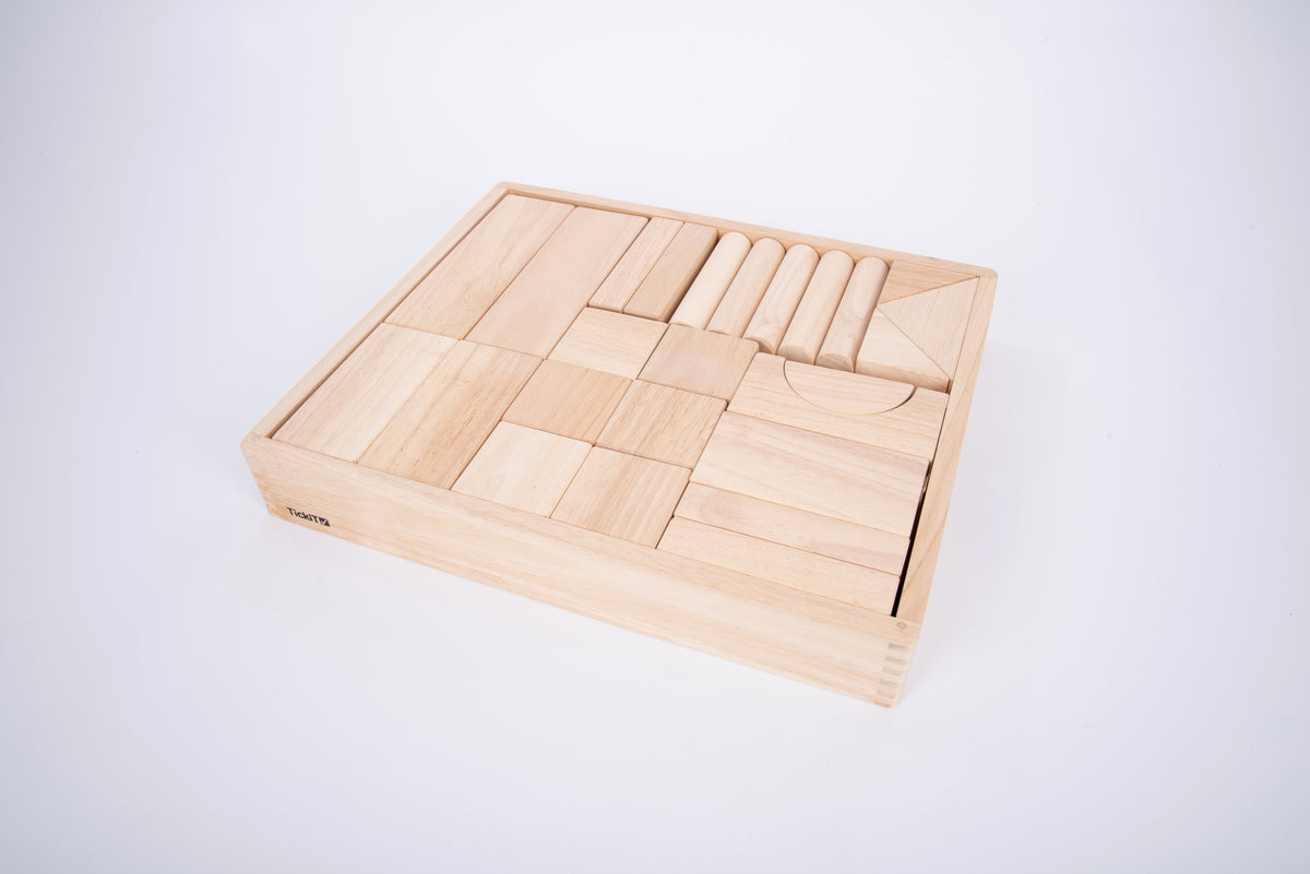 Wooden jumbo block set open tray display of large wooden blocks and arches