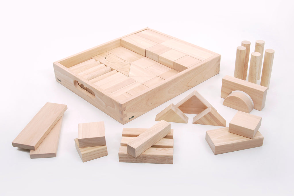 Wooden jumbo block set with loose wooden blocks, arches, and cup-like pieces