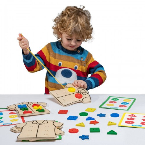 Wooden lacing clothes craft board with colorful shirt pieces and fastening holes