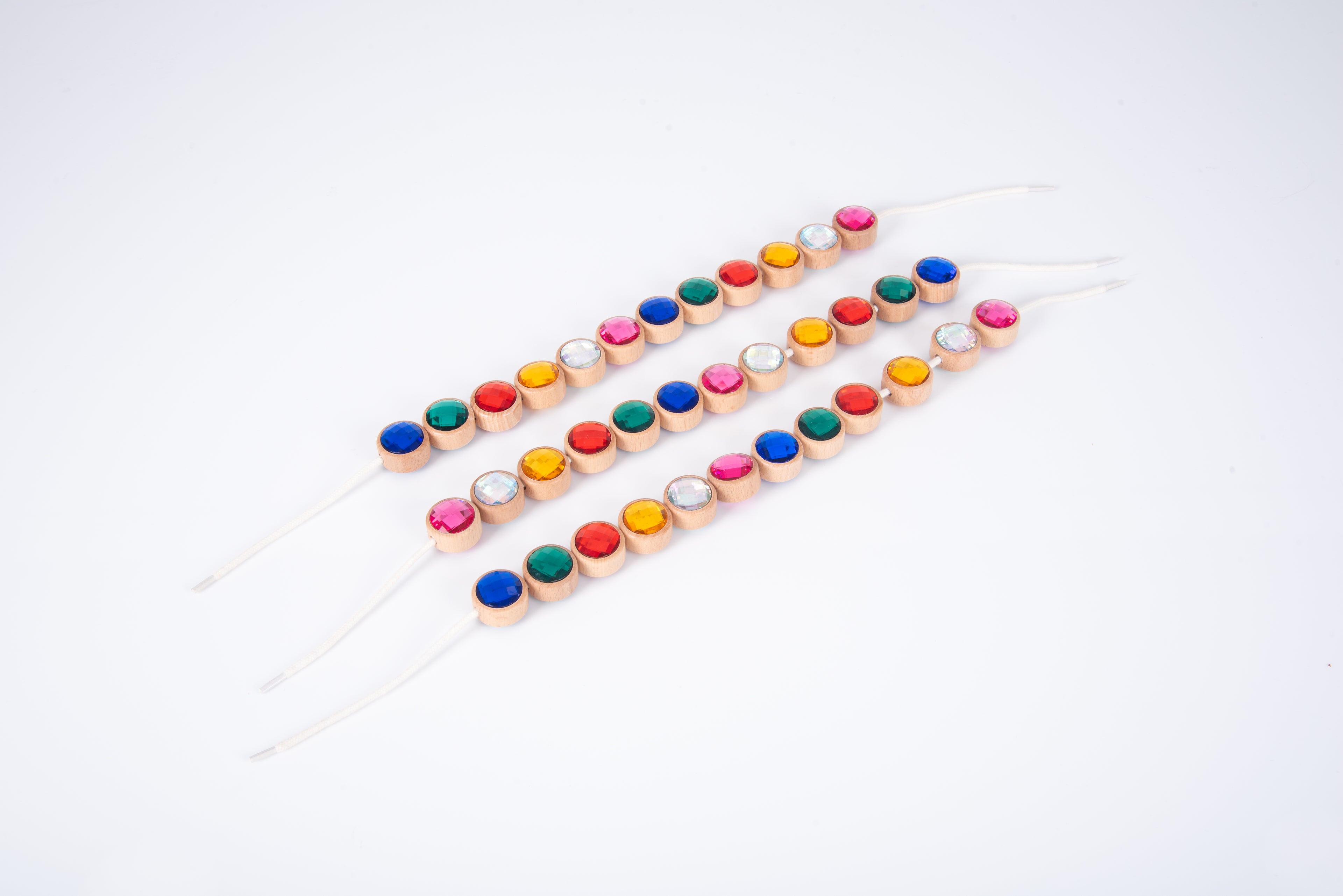 Wooden lacing jewels double strand with multicolor beads and white cords