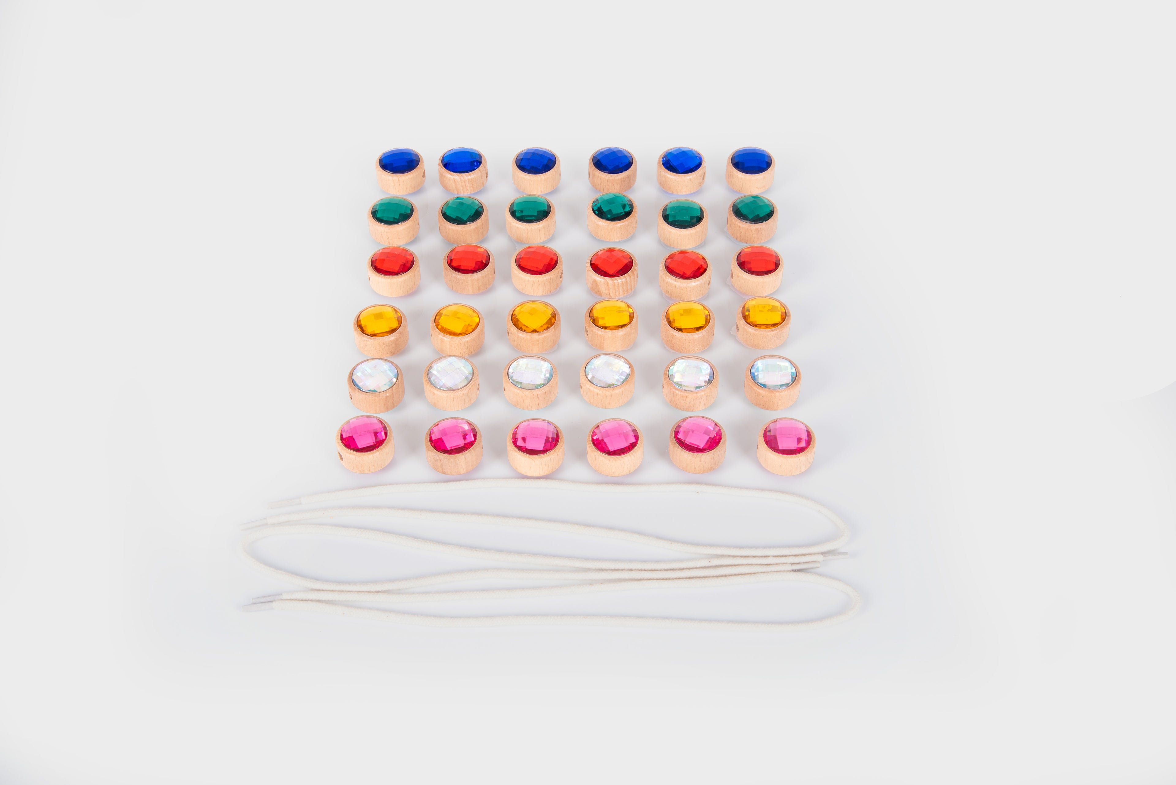Wooden lacing jewels: two rows of multicolor beads on white laces