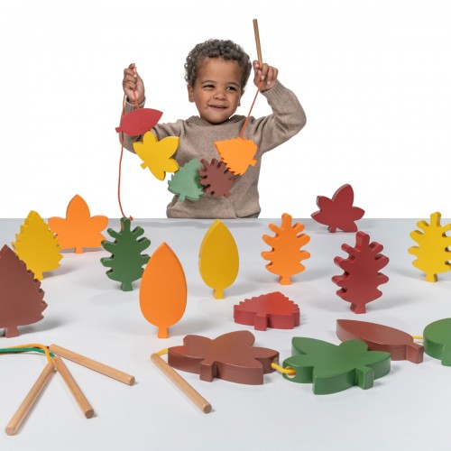 Colorful wooden leaf lacing pieces with strings and wooden dowels, assorted shapes