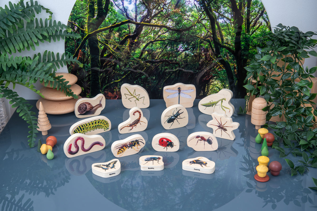 Wooden minibeast blocks arranged in a layout with painted insect and animal wood cutouts