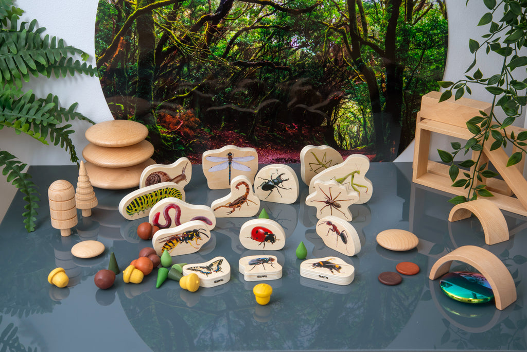 Wooden minibeast blocks display with painted bug-shaped wooden pieces and mini accessories