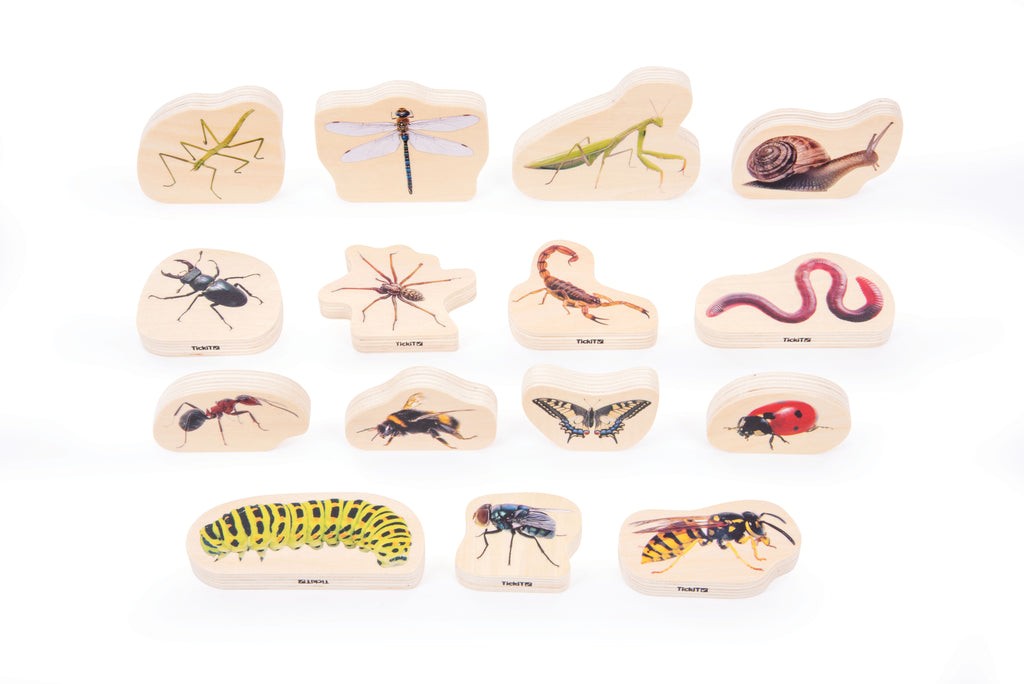 Wooden minibeast blocks set with painted insect and animal wood pieces, neatly arranged