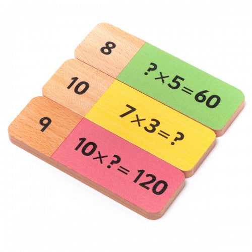 Wooden multiplication domino tiles with colorful number blocks and math equations