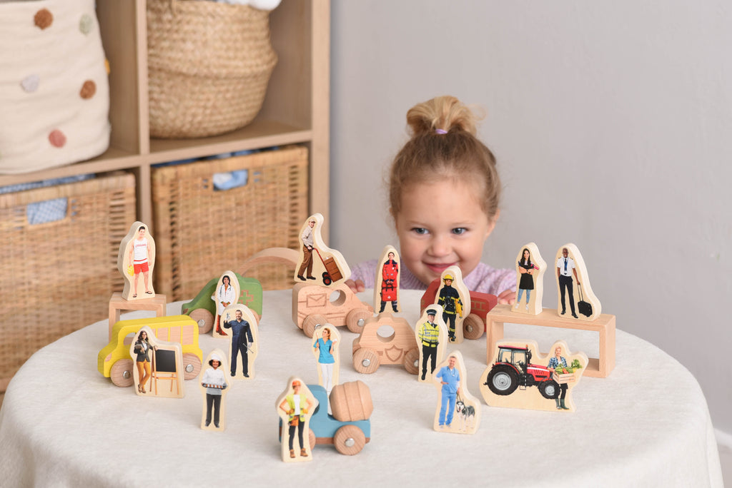Wooden people figurines and vehicles blocks, with multiple standing character cutouts