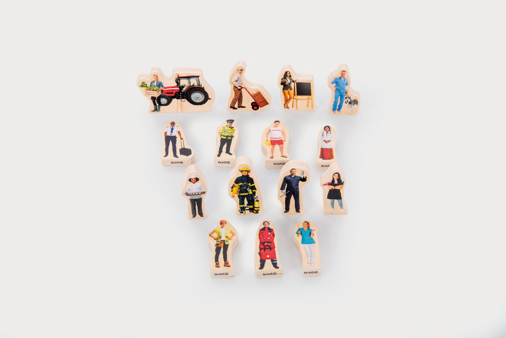 Wooden people figure blocks set with colorful characters and vehicle pieces