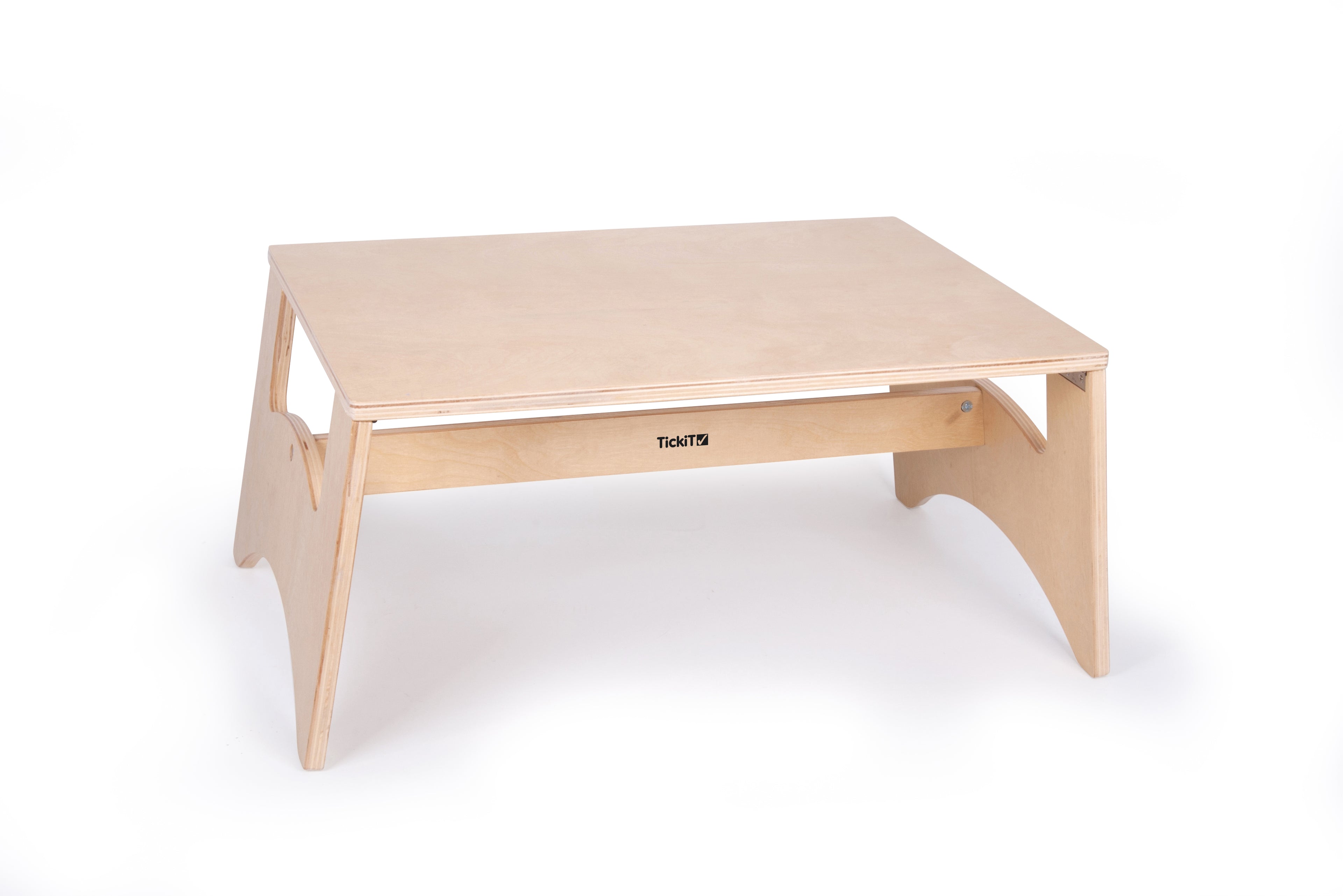 Light wood kids play table with rectangular tabletop and two side supports