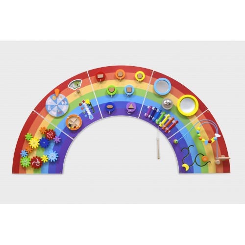 Wooden rainbow activity wall toy with colorful beads, gears, and spinning pieces