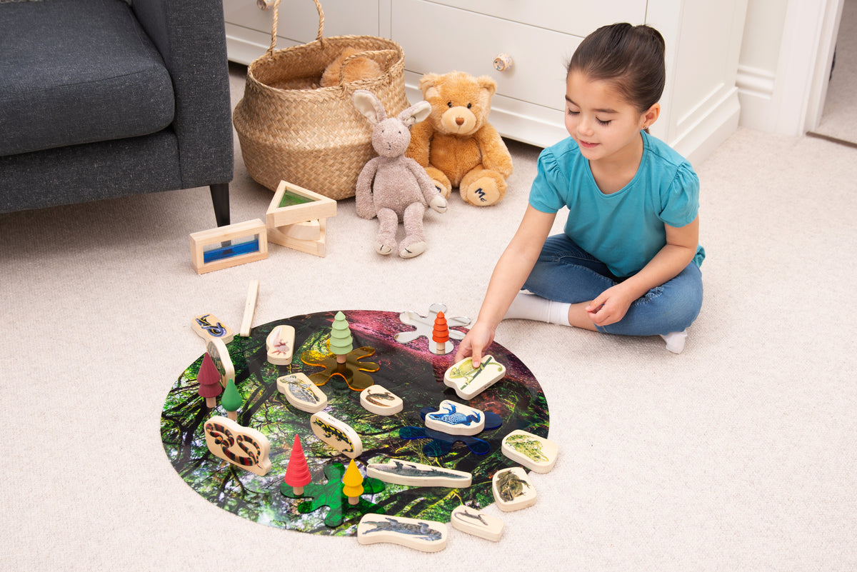 Wooden reptile and amphibian blocks with child playing at a round activity mat