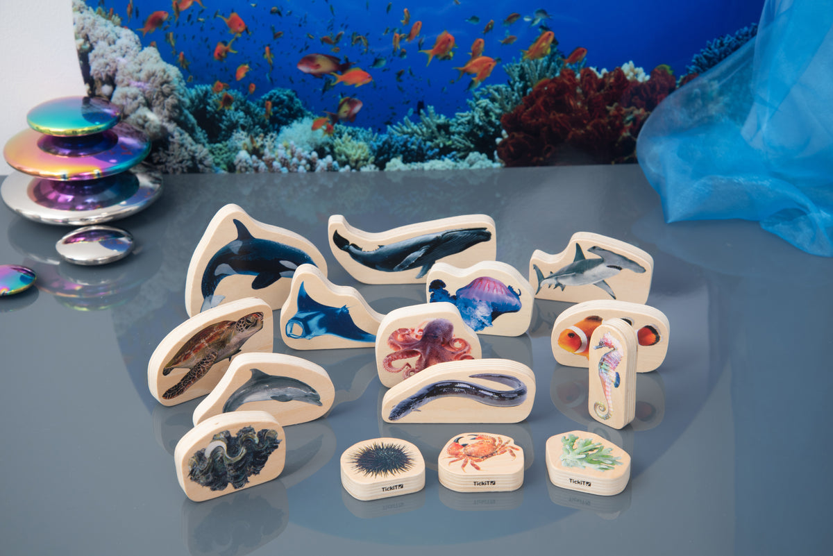 Wooden sea animal blocks arranged together: sharks, dolphins, sea turtle, fish