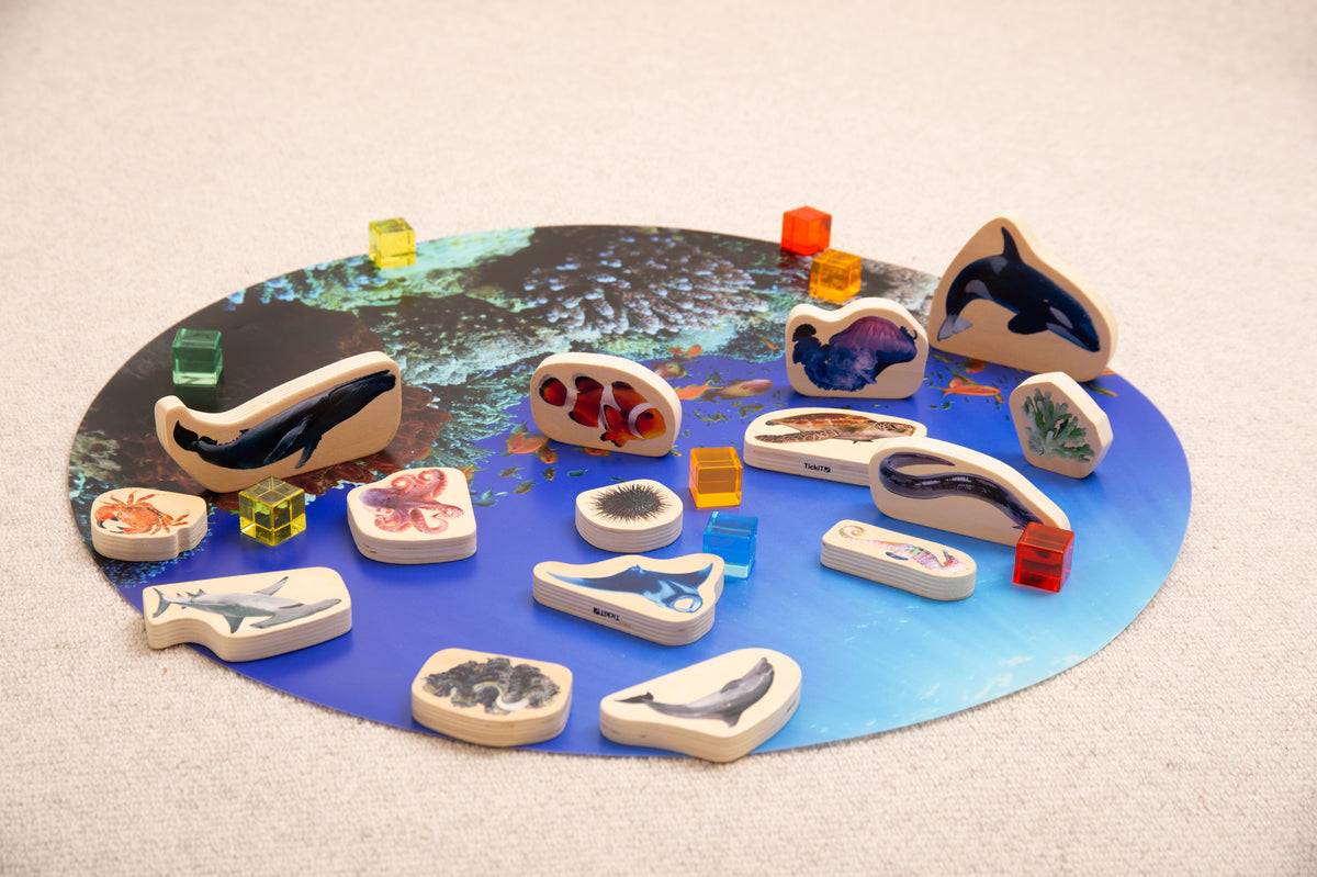 Wooden sea animal blocks set with dolphin, shark, turtle, fish and crab pieces