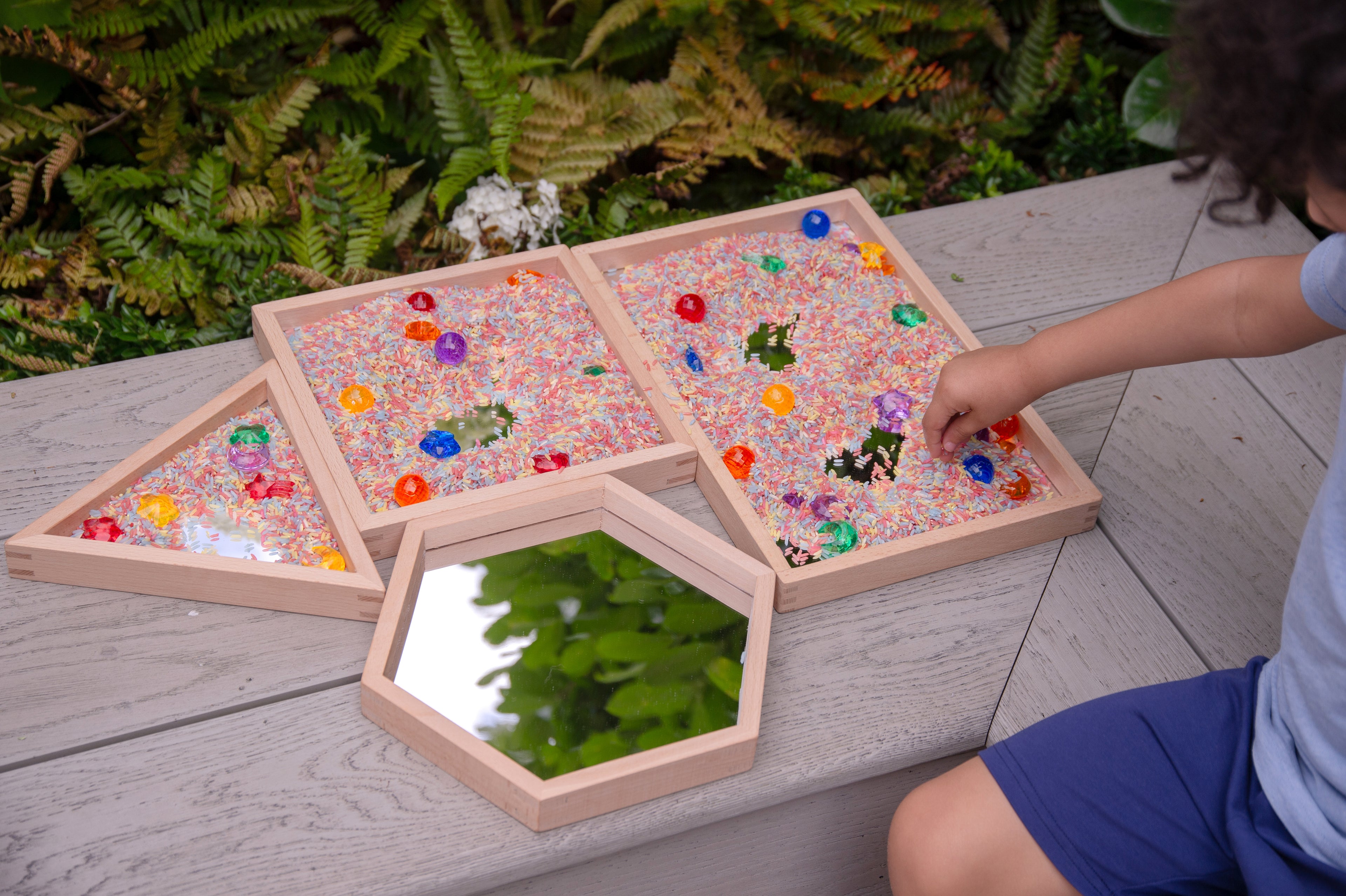Wooden mirror tray set of 4 with light wood frames and clear mirrors, green and colored pieces