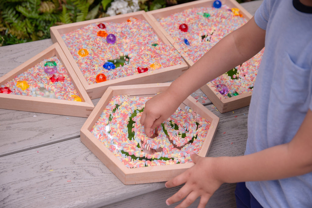 Wooden mirror tray set of 4 with light wood frames and clear mirrors, rainbow confetti-like pieces