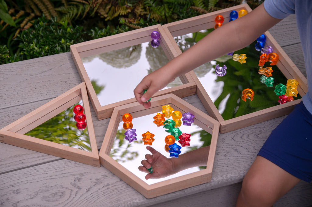 Wooden mirror tray set of 4 with light wood frames and clear mirror panels, beads and flowers