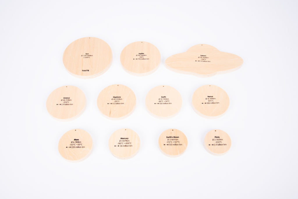 Wooden solar system discs set, round natural-wood back faces with small printed labels