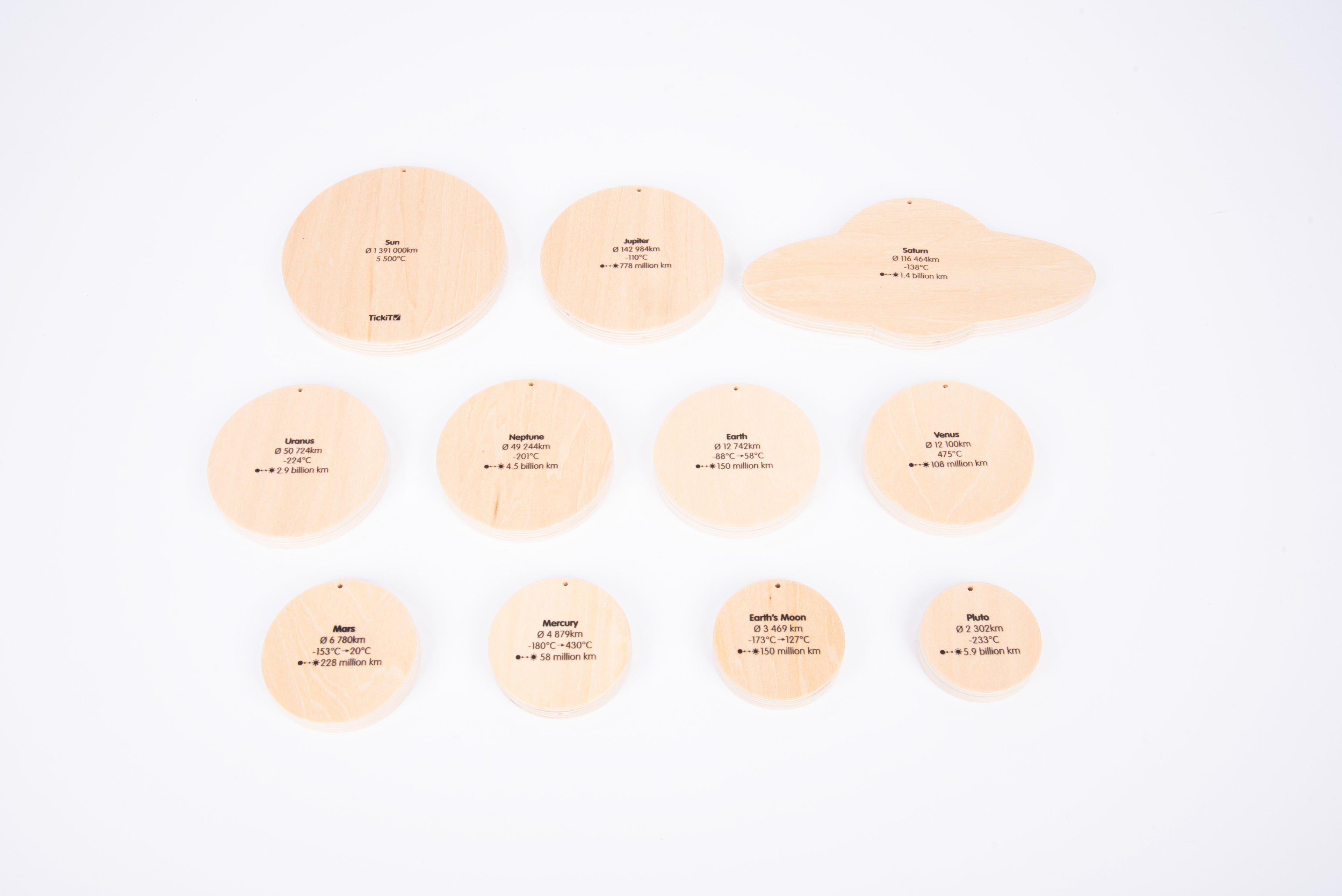 Wooden solar system discs set, round natural-wood back faces with small printed labels