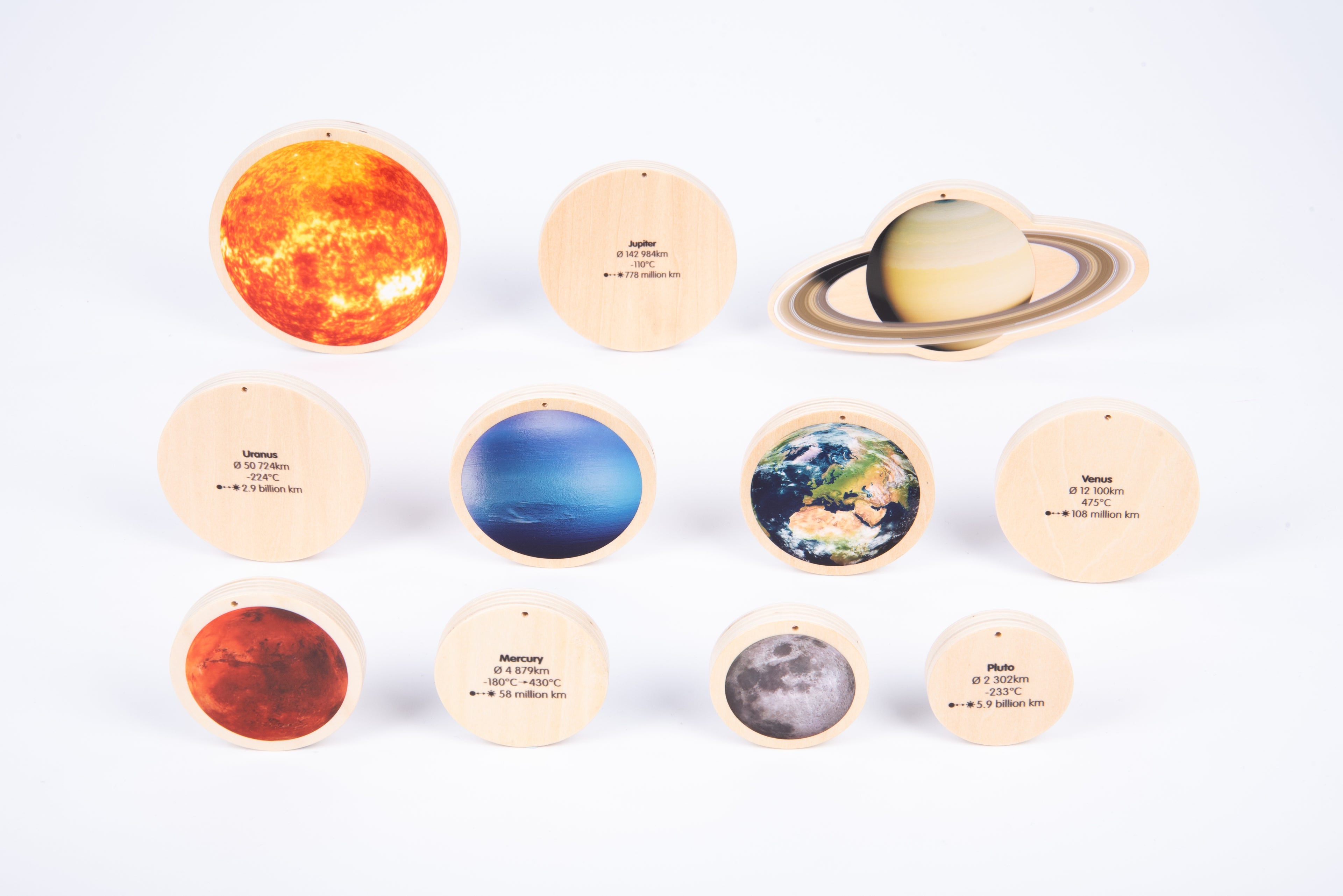 Wooden solar system discs featuring a large Sun disc, Earth, and a Saturn ring disc