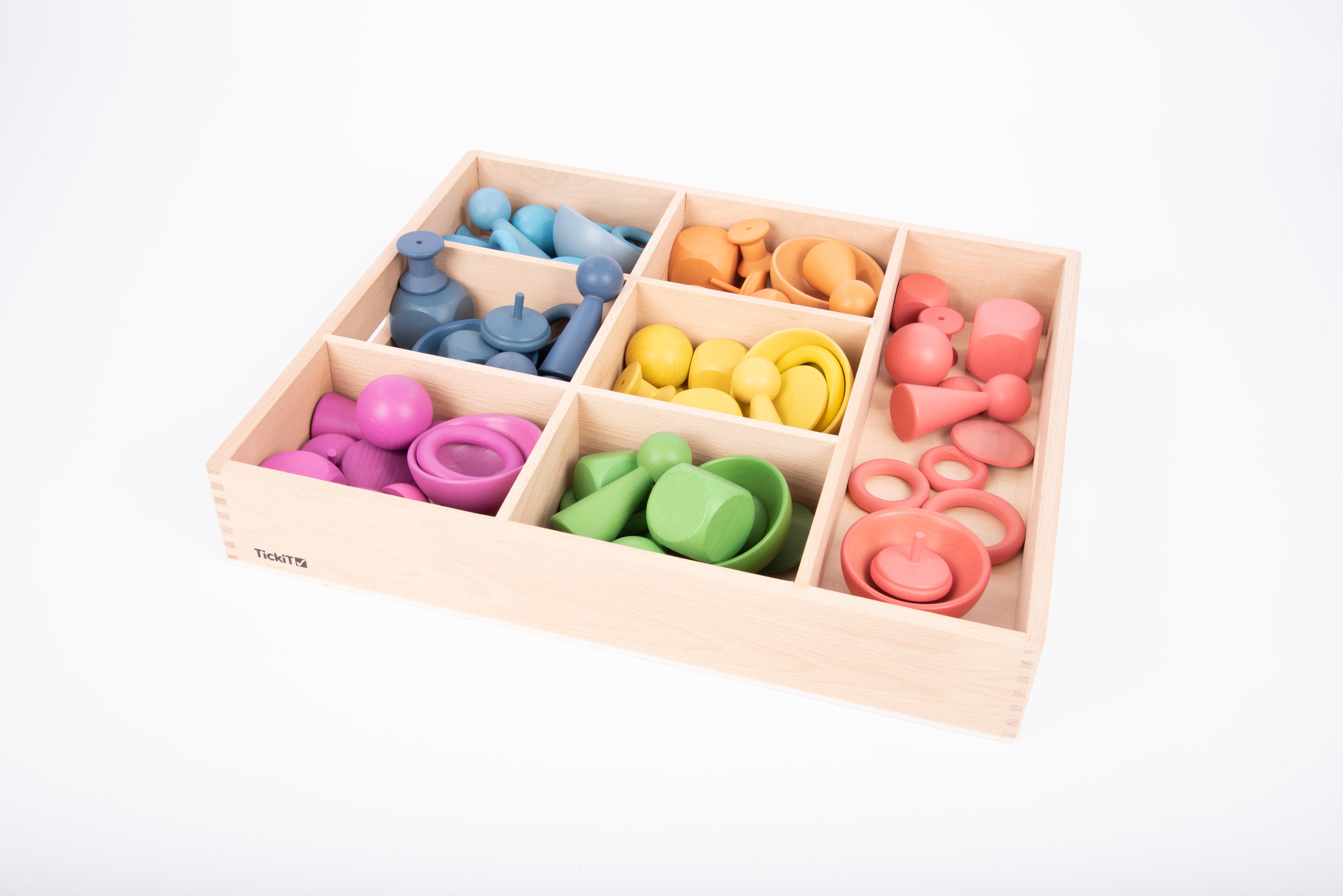 Wooden sorting tray with 7 compartments, holding pastel-colored wooden pieces