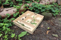 Wooden sorting tray with 7 compartments, holding small natural items on forest floor