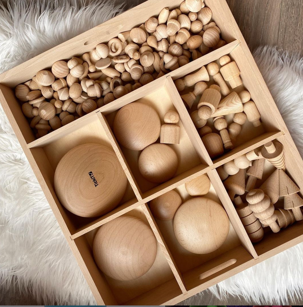 Wooden sorting tray with 7 compartments, filled with light wooden pegs and balls