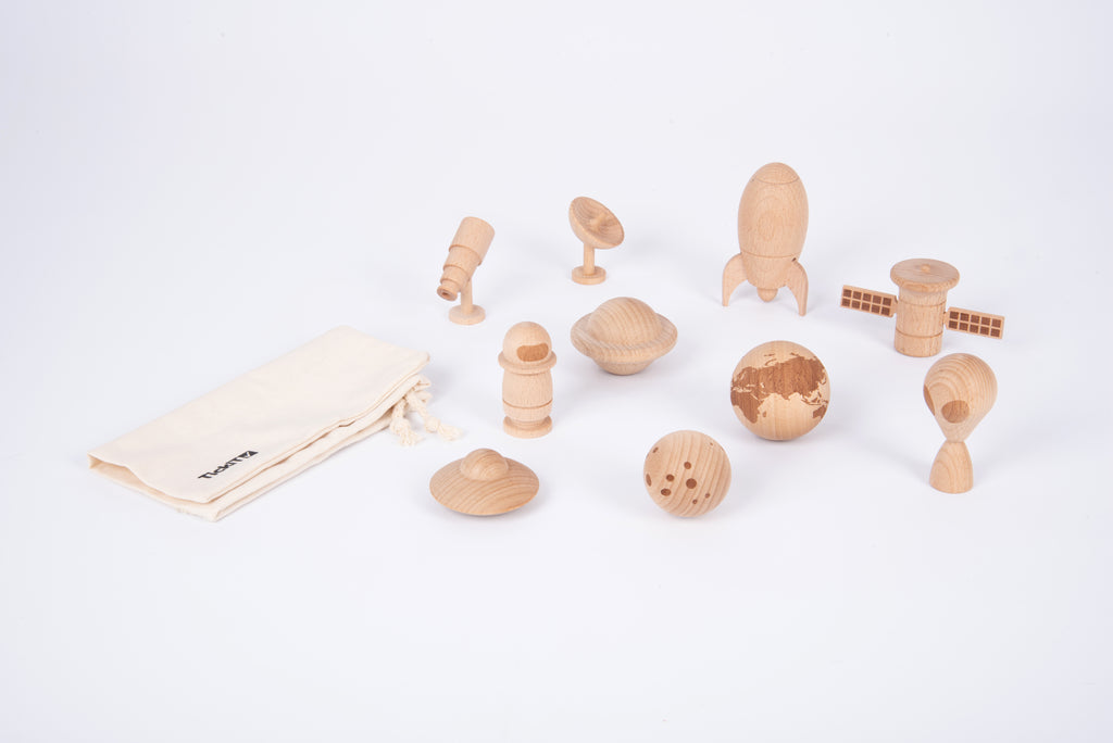 Wooden space play set with astronaut, rockets, planets and rover pieces plus fabric bag