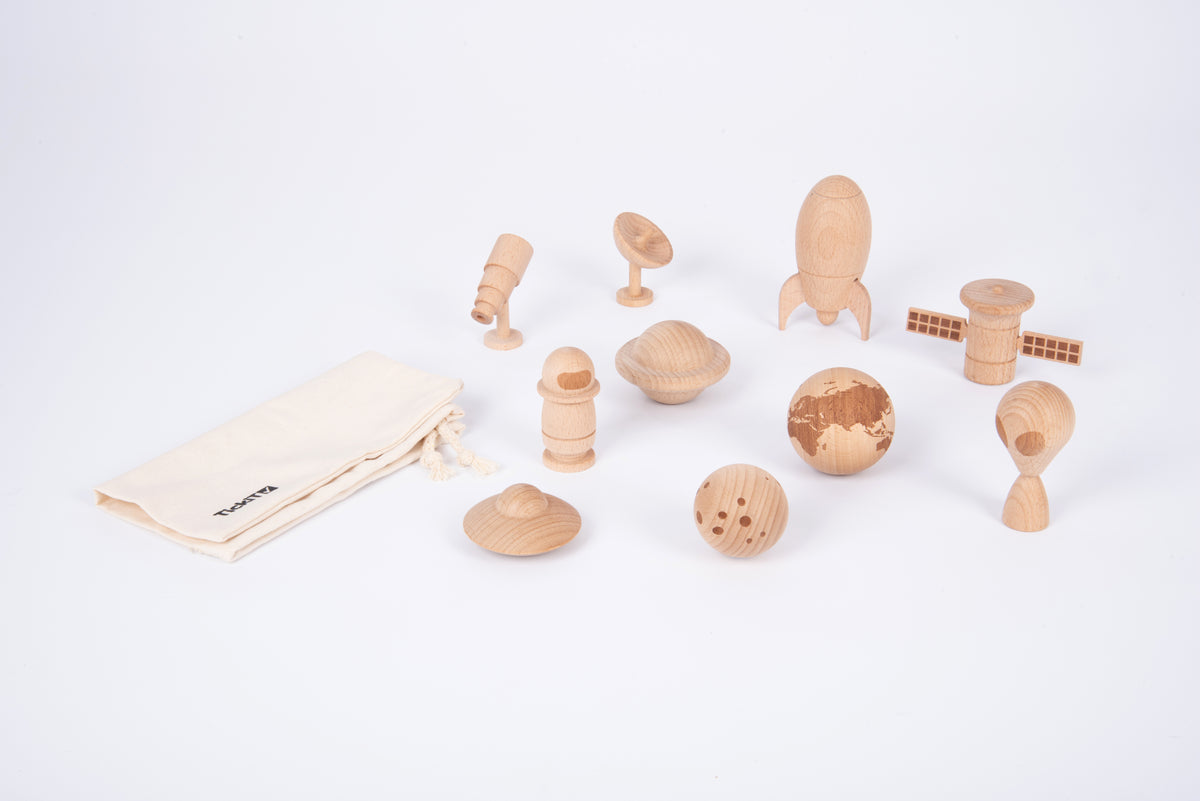 Wooden space play set with astronaut, rockets, planets and rover pieces plus fabric bag
