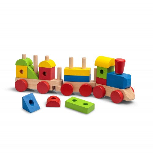 Wooden stacking sounds train toy with colorful blocks and red wheels, with extra pieces