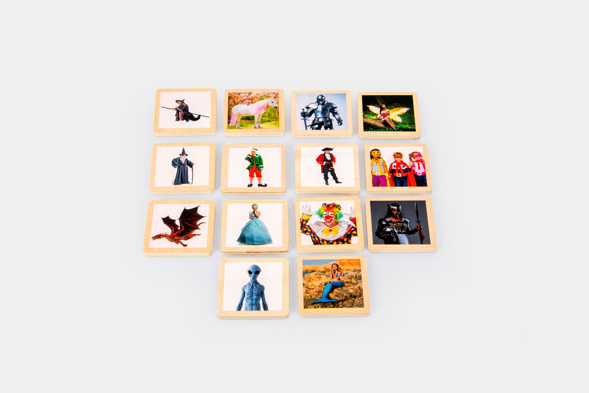 Set of 12 wooden photo story tiles with people and action poses in light wood frames