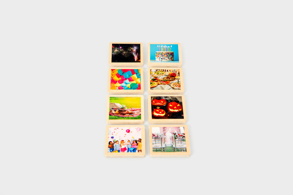 Set of 8 wooden photo story tiles in light wood frames, colorful scenes