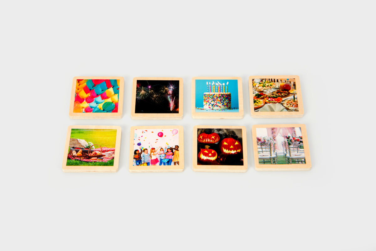 Set of 8 wooden photo story tiles with celebration and pumpkin scenes in wood frames