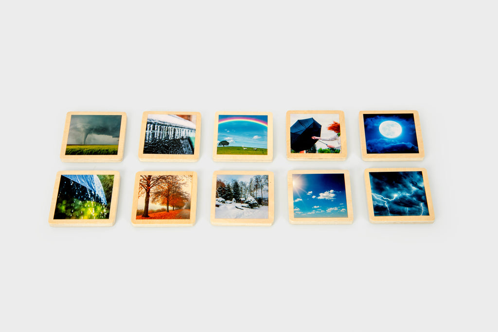 Set of 10 wooden photo story tiles with landscape and night sky scenes in light frames