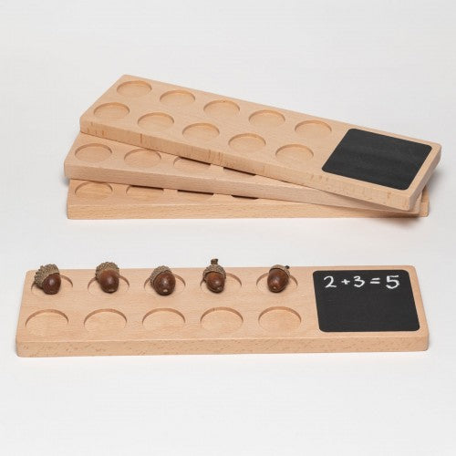 Wooden ten-frame counting board with chalkboard panel and circular counters, pack of 4
