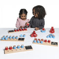 Wooden ten frame math board set with red and blue counters and two score pads