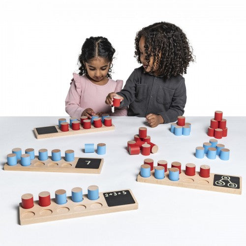 Wooden ten frame math board set with red and blue counters and two score pads