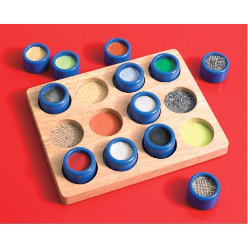 Wooden touch-and-match board game with blue rings and colorful texture inserts