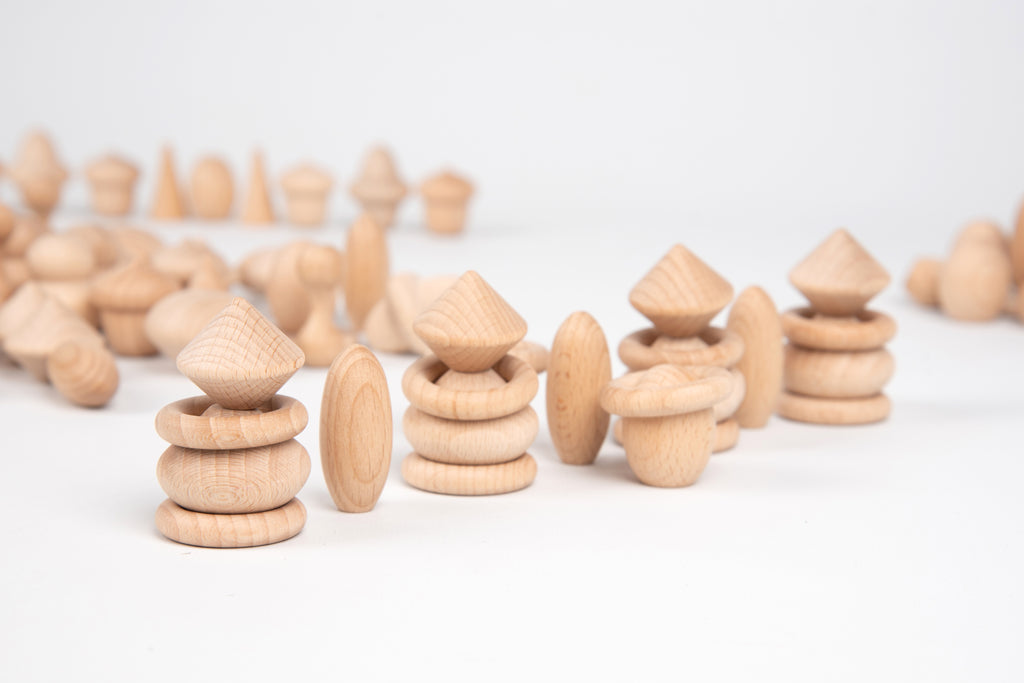 Natural wooden figure set with stacked animal and acorn-shaped pieces