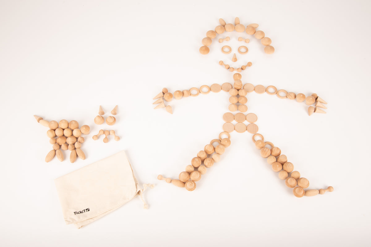 Wooden bead necklace and bracelet set in natural light wood with star charm