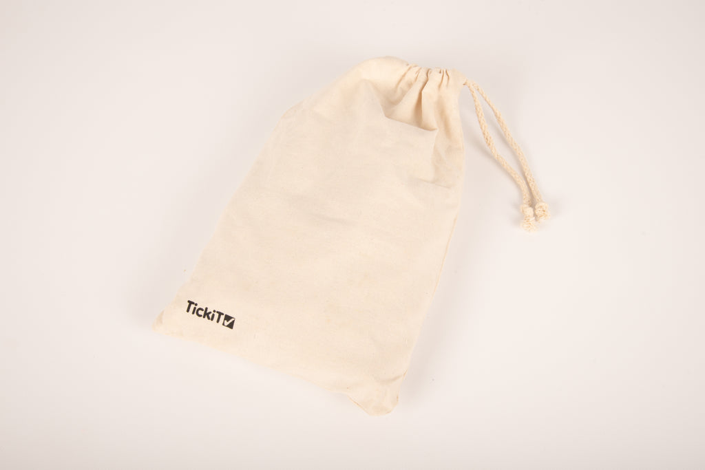 Natural canvas drawstring pouch with TickiTv logo