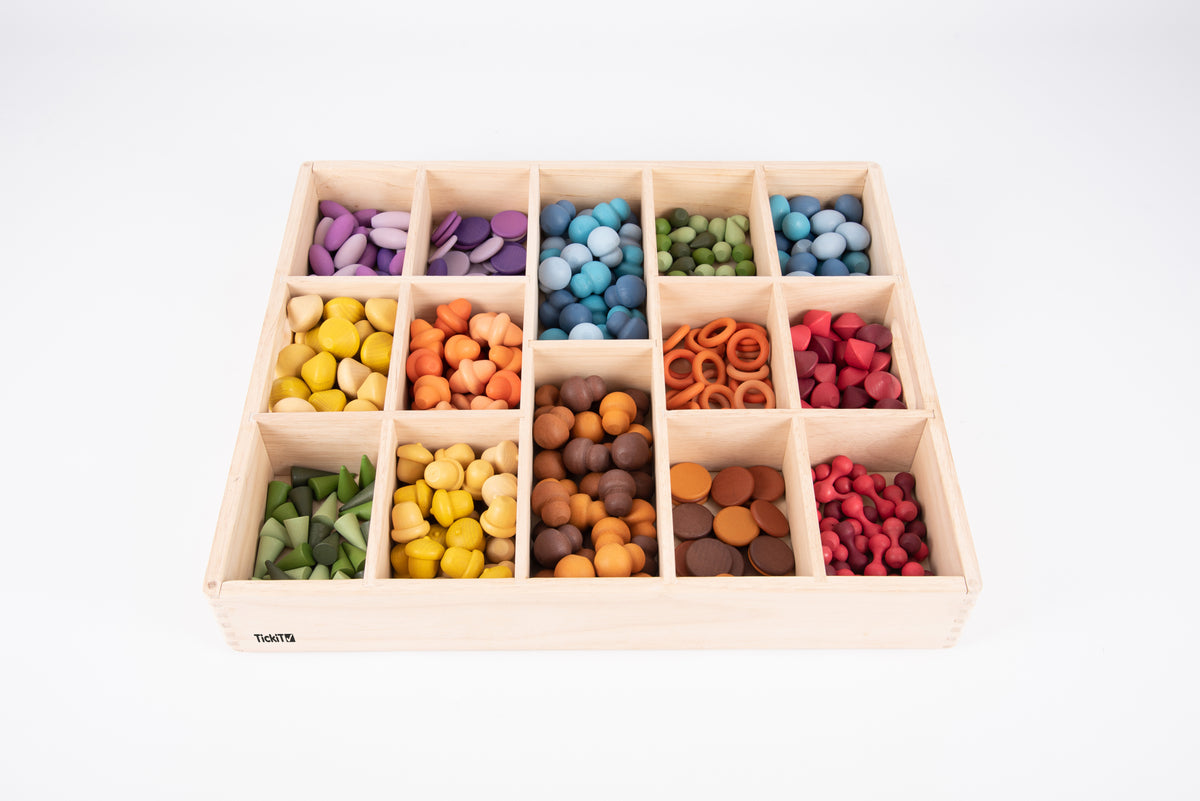 Wooden sorting tray set with 14 compartments of colorful wooden pieces inside