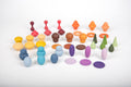 Assorted wooden pegs and shapes in red, orange, green, blue, and purple