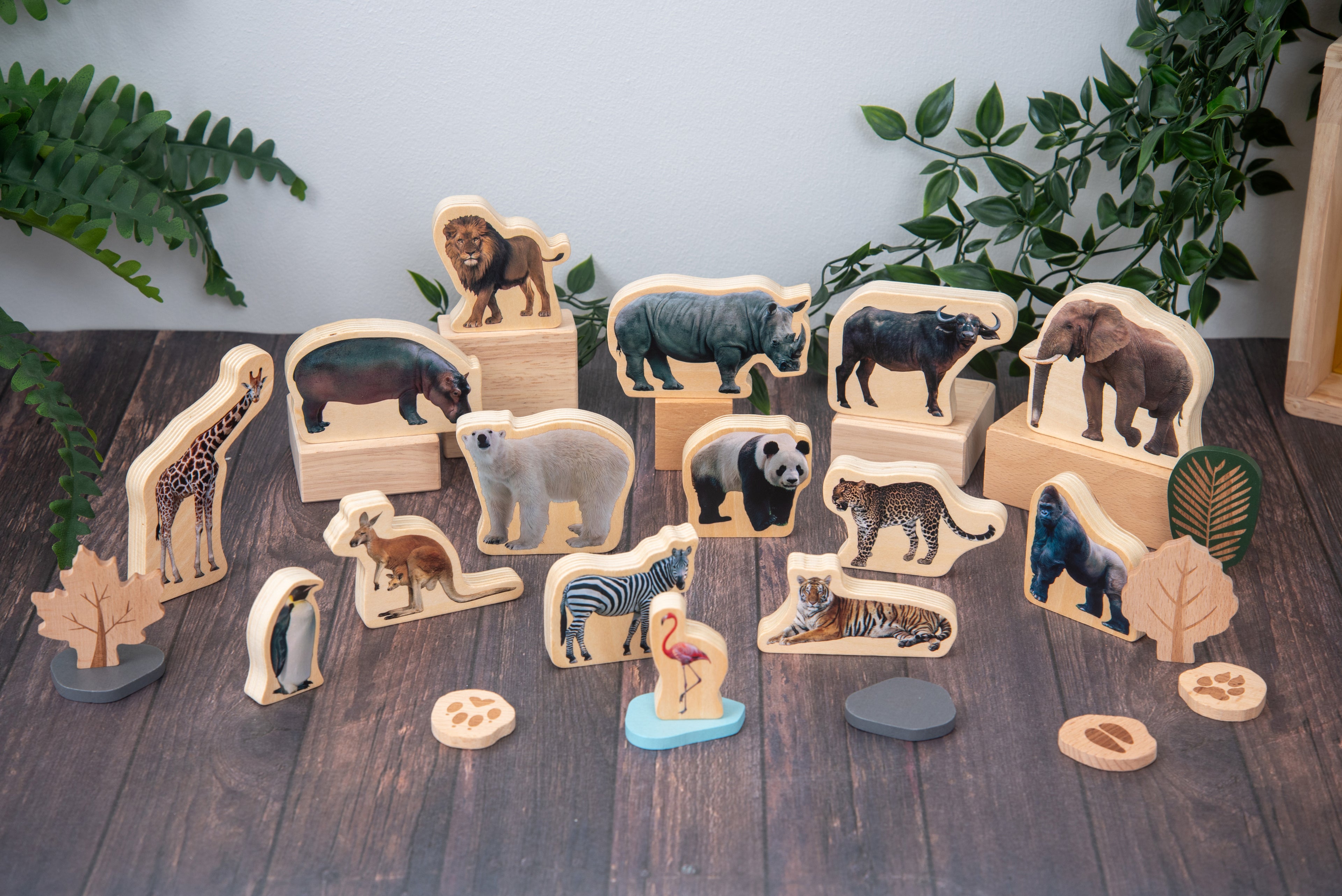 Wild animal block set with mounted animal shapes arranged on a dark wood floor
