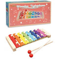 Wooden 8-note xylophone with eight colored keys and two wooden mallets