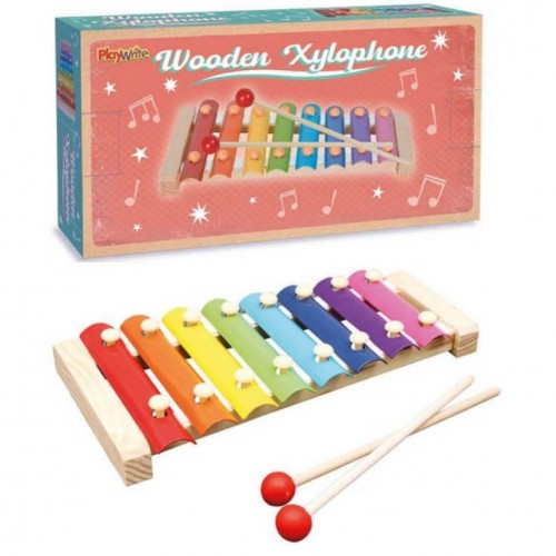 Wooden 8-note xylophone with eight colored keys and two wooden mallets