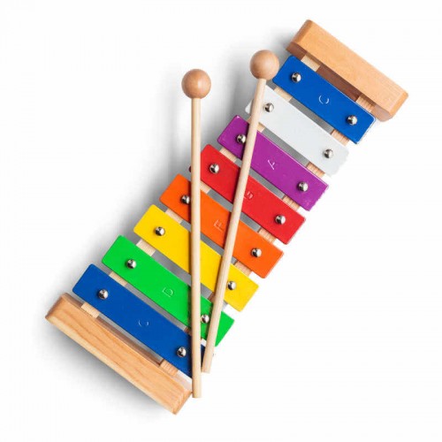 Wooden 8-note xylophone with colorful bars and two wooden mallets