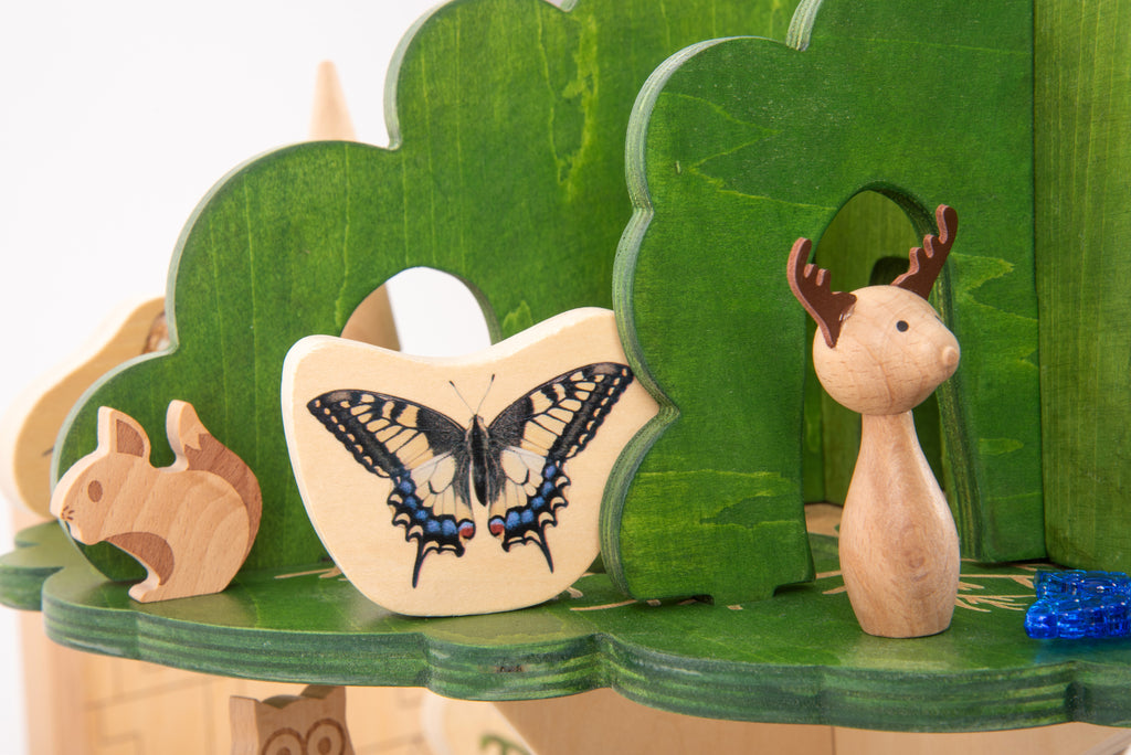 Wooden woodland figure bundle with green tree panels, butterfly cutout, deer and fox