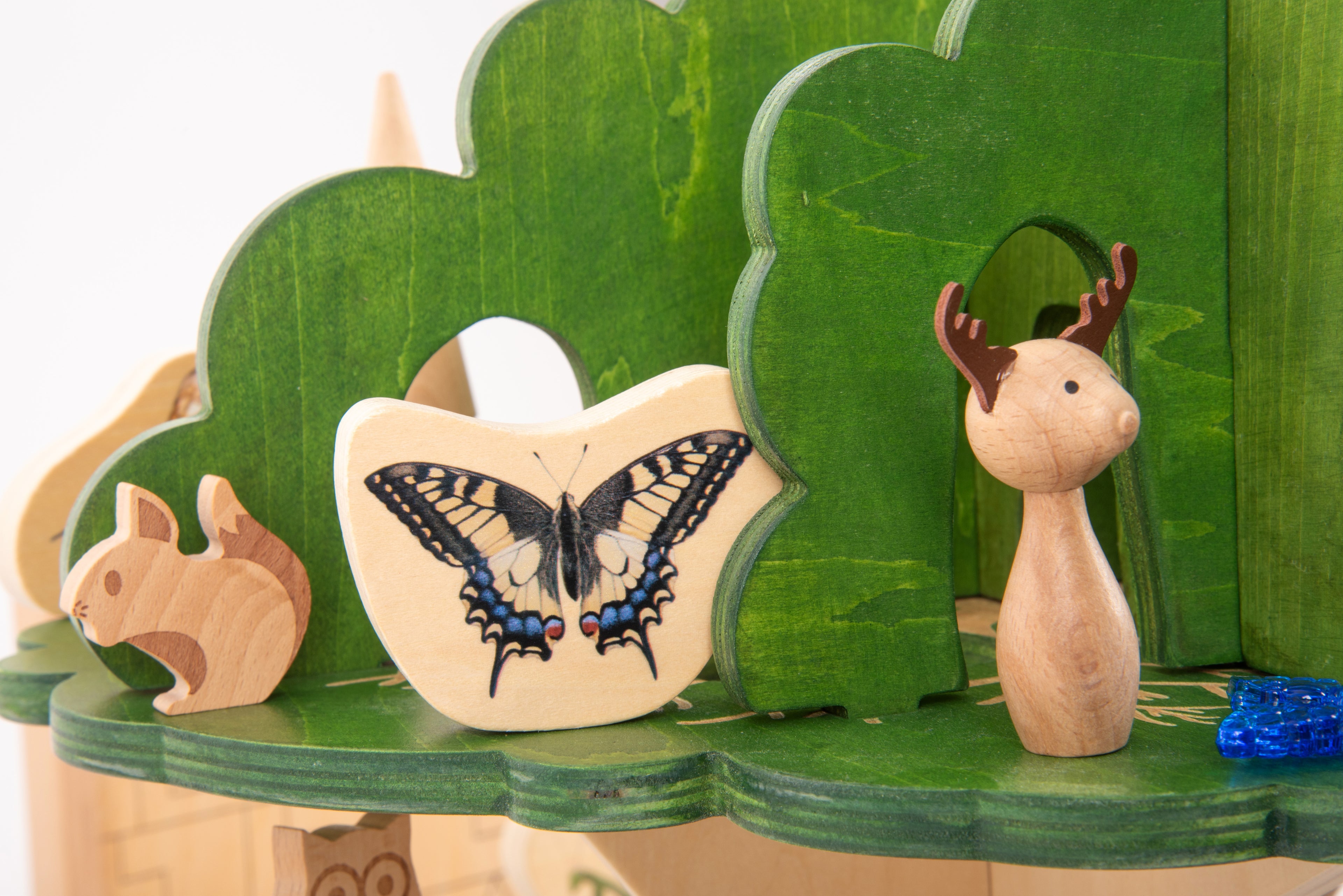 Wooden woodland figure bundle with green tree panels, butterfly cutout, deer and fox