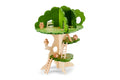 Wooden treehouse playset with green leaf canopy and ladder steps