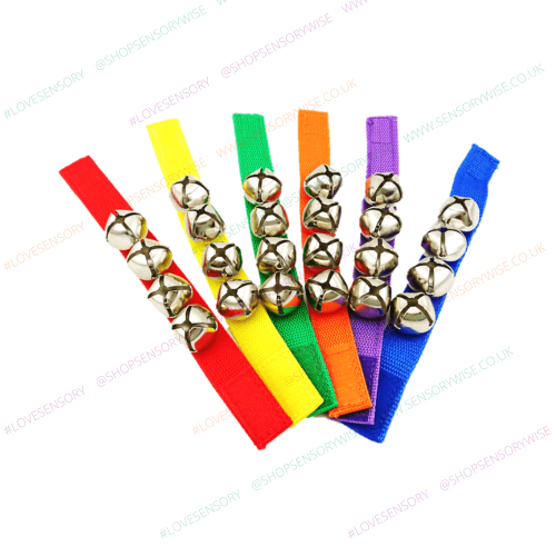 Wrist and ankle bells fabric band set with multi-color straps and silver jingle bells
